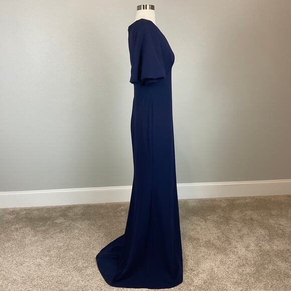 Betsy & Adam Short Sleeve Evening Gown Blue Size 6 V-Neck Long Formal Dress - Picture 3 of 11